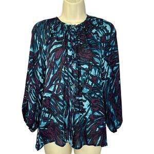 Tucker NYC The Classic Silk Blouse Multi Print Smocked neck Luxury Preppy Sz S